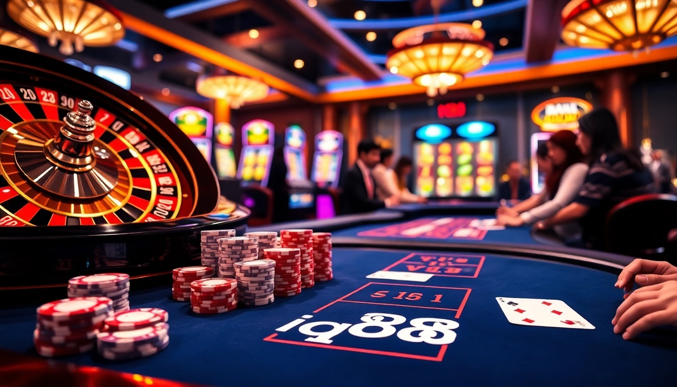 Experience the thrill of gambling at iq88 with poker chips and a live dealer setting.