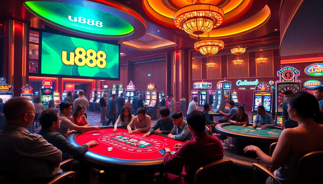 Experience thrilling gameplay at u888 casino with players engaged in poker, roulette, and slot machines.