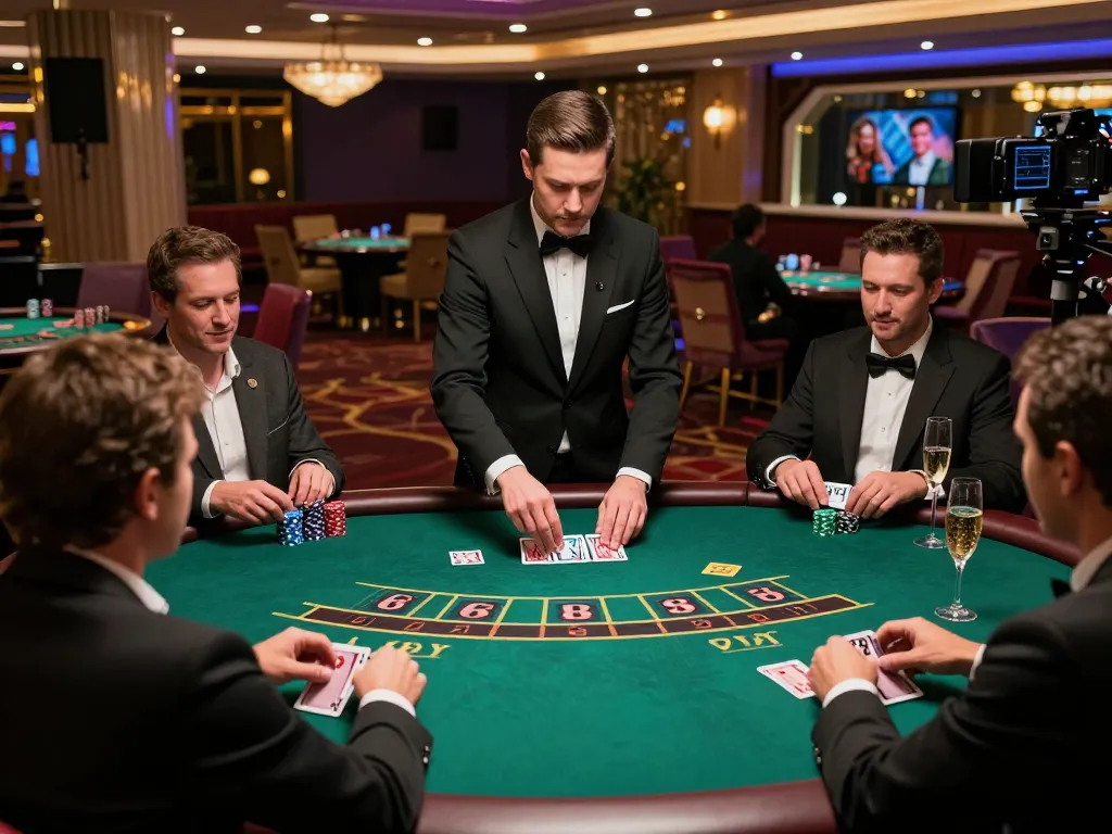 Experience the thrill of blackjack at BJ88 with players strategizing over a green felt table.