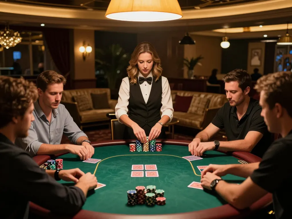 Fly88 players engaging in poker strategy at an upscale casino table surrounded by focused ambiance.