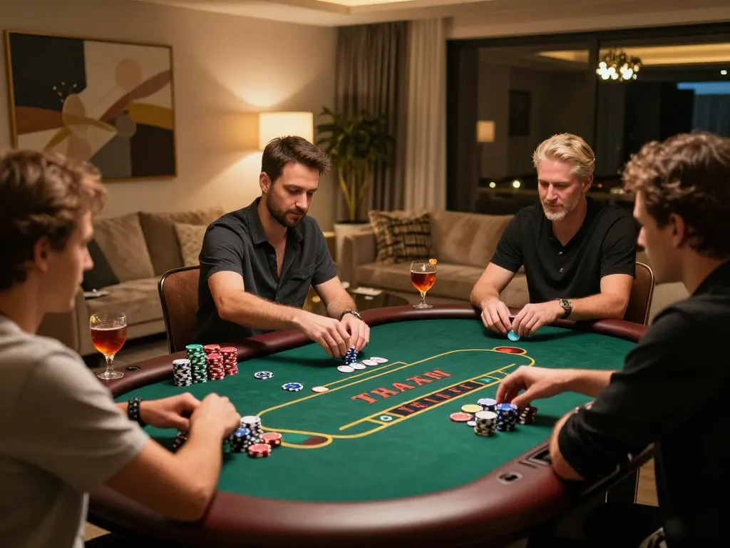 Lô Đề Uy Tín players strategizing at home poker table in a luxurious atmosphere.