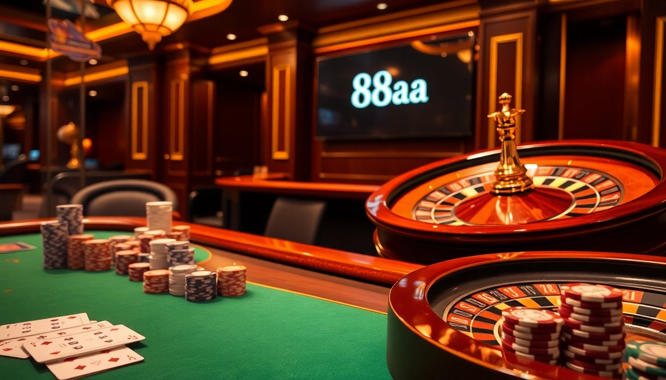 Experience a thrilling game at 88aa casino table with vibrant poker chips and roulette wheel.