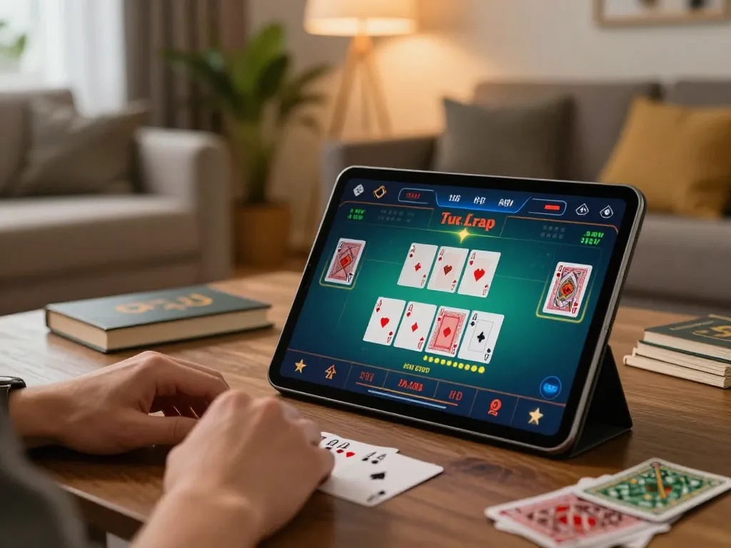 Playing mega888 apk on a tablet while enjoying a cozy home gaming atmosphere.