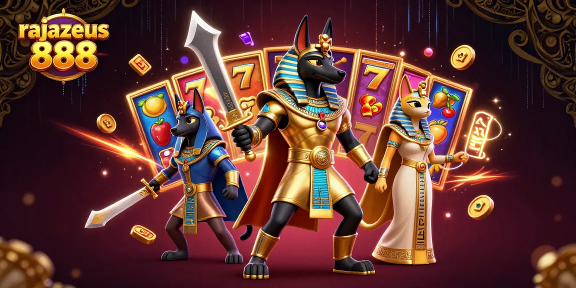 Experience the thrill of rajazeus 888 slots with Anubis and Bastet in a vibrant 3D casino scene.