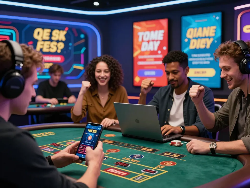 Engaged players enjoying the QE 8 online betting platform, smartphone and laptop interactions.