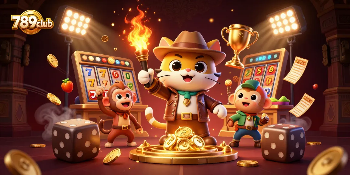 Engage with 789club as a 3D cartoon cat explores a golden casino artifact surrounded by action-packed gaming elements.