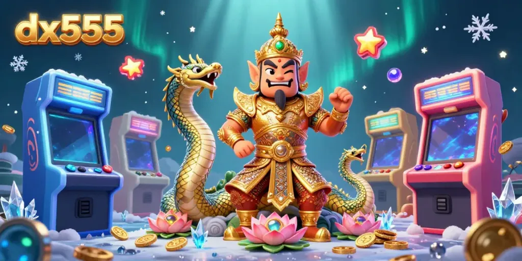 Experience a vibrant gaming world with dx555's 3D guardian and casino elements interacting dynamically.