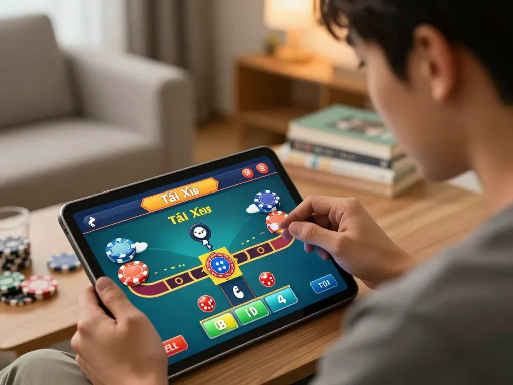 Tài xỉu uy tín online gameplay on a tablet in a cozy home setting, combining excitement and strategy.
