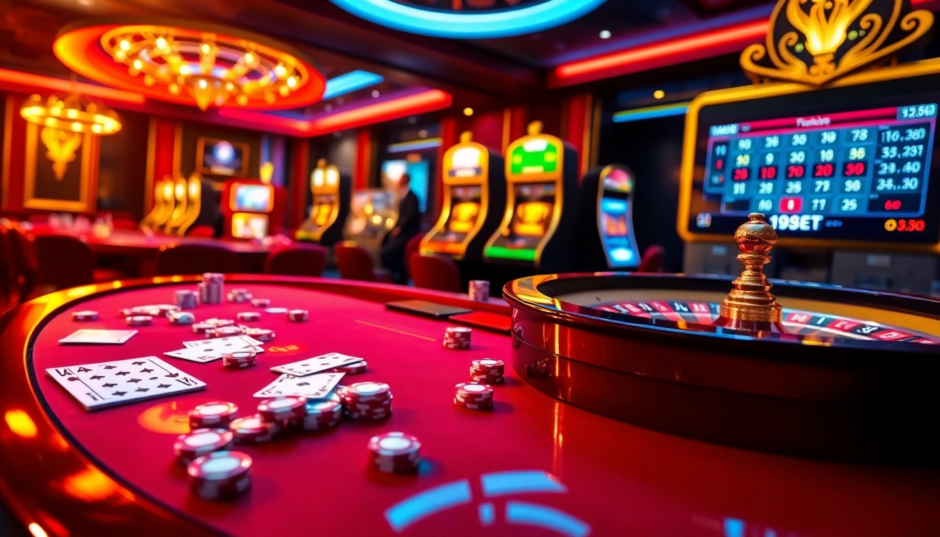 Excitement at i9bet casino with vibrant bets, poker chips, and a roulette wheel.