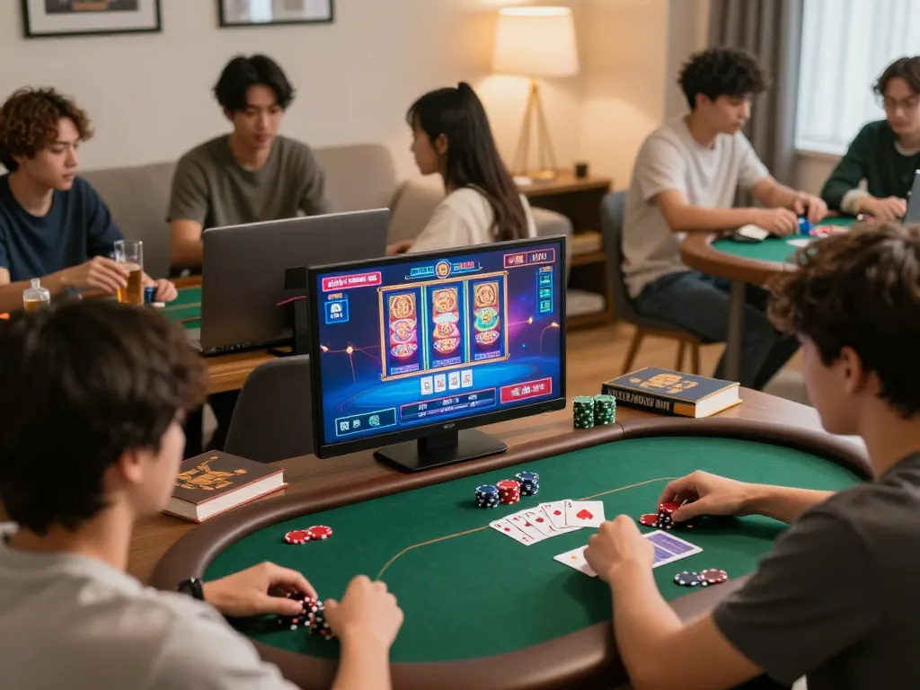 Players enjoying an online gaming experience with tg88, strategic poker action in a cozy home setting.