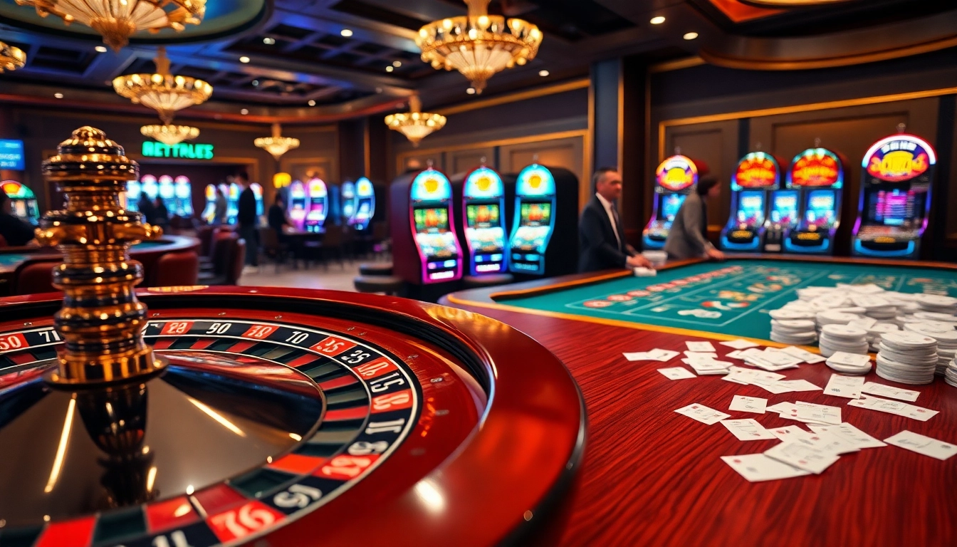 Experience the thrilling atmosphere of nettrueyn in this vibrant casino scene filled with roulette wheels and poker tables.