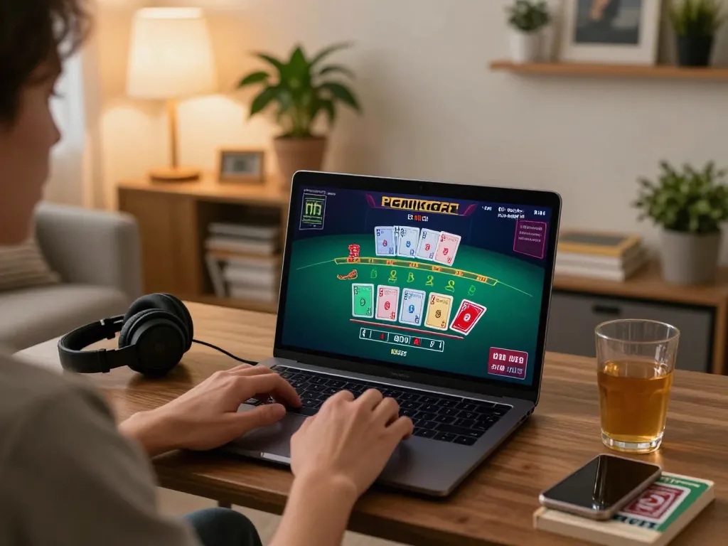 Engaging in a live dealer blackjack game on KUWIN from a cozy home setup for responsible gambling.