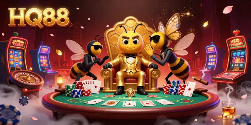 Experience the thrilling world of HQ88 as a bumblebee mob boss commands a vibrant casino scene.
