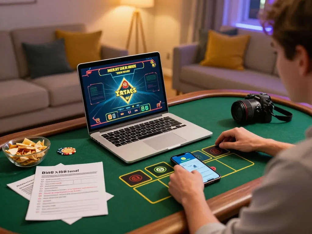Engaging in live casino gaming at https://tr88.golf/ on a laptop, surrounded by strategic notes and a smartphone.
