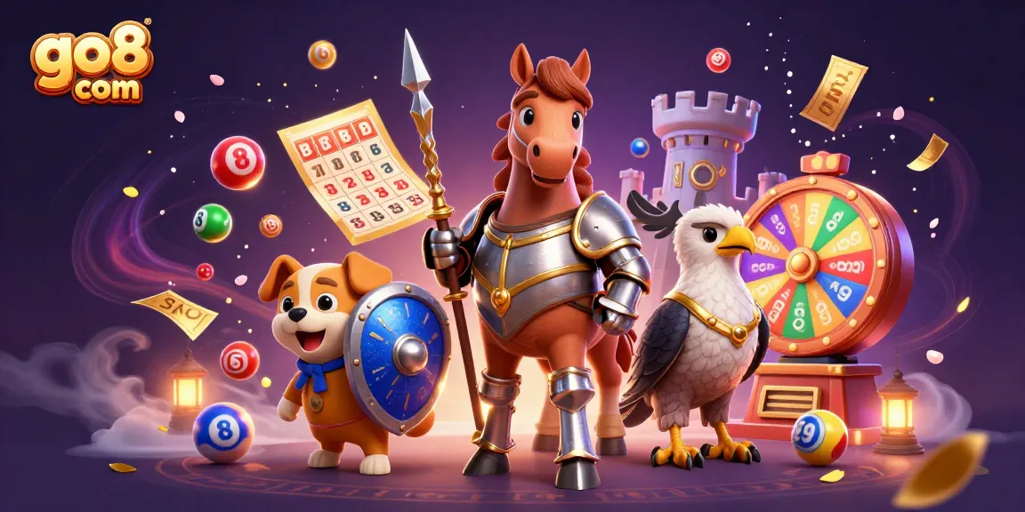 Engage with go8 com for thrilling games, showcasing a 3D knight, puppy, and falcon in a vibrant casino scene.