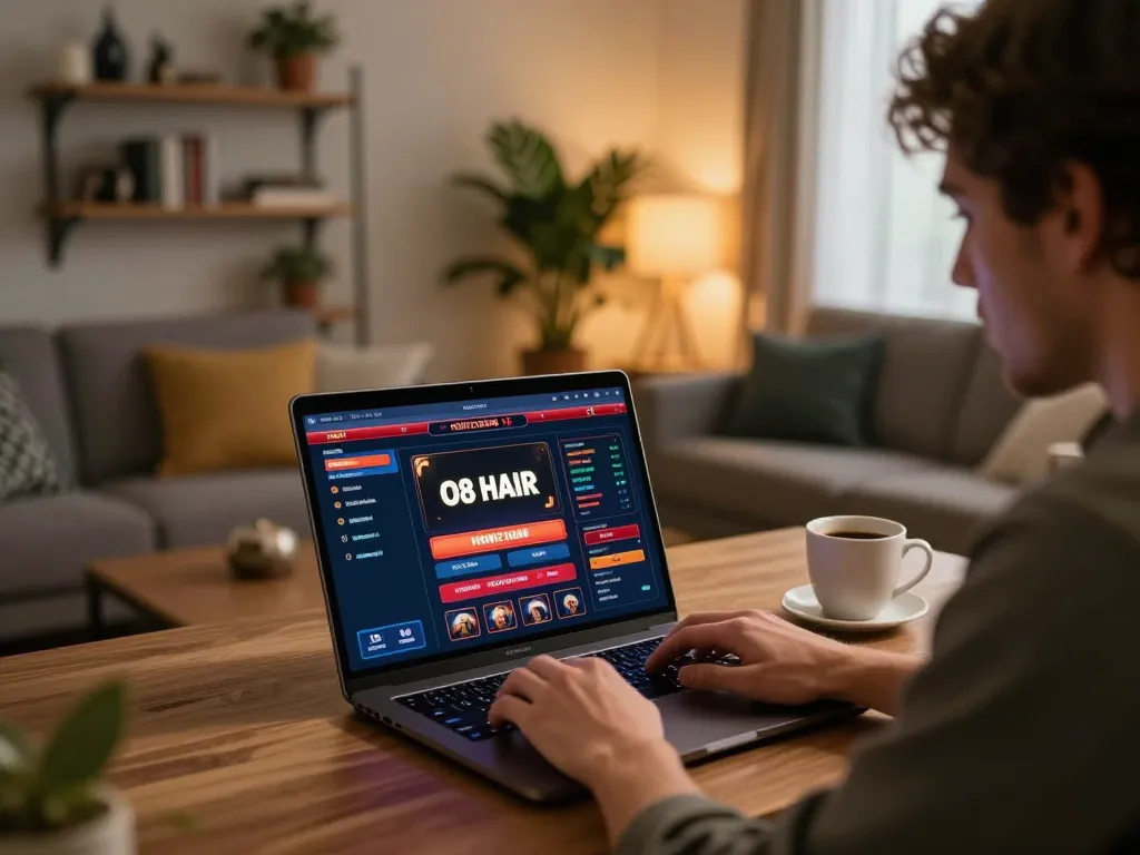 Player enjoys O8 HAIR gaming on a laptop in a cozy living room setup, showcasing online betting.