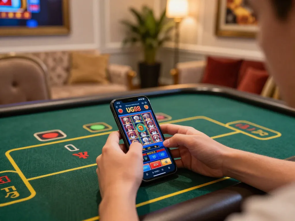 Engaged player betting on UG88 mobile app in a chic home casino environment.