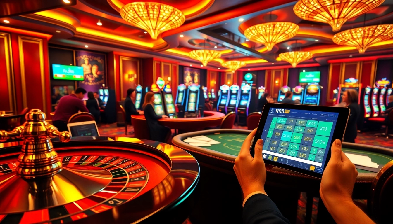 RR88 players enjoying high-stakes games at an elegant casino with roulette and slot machines.