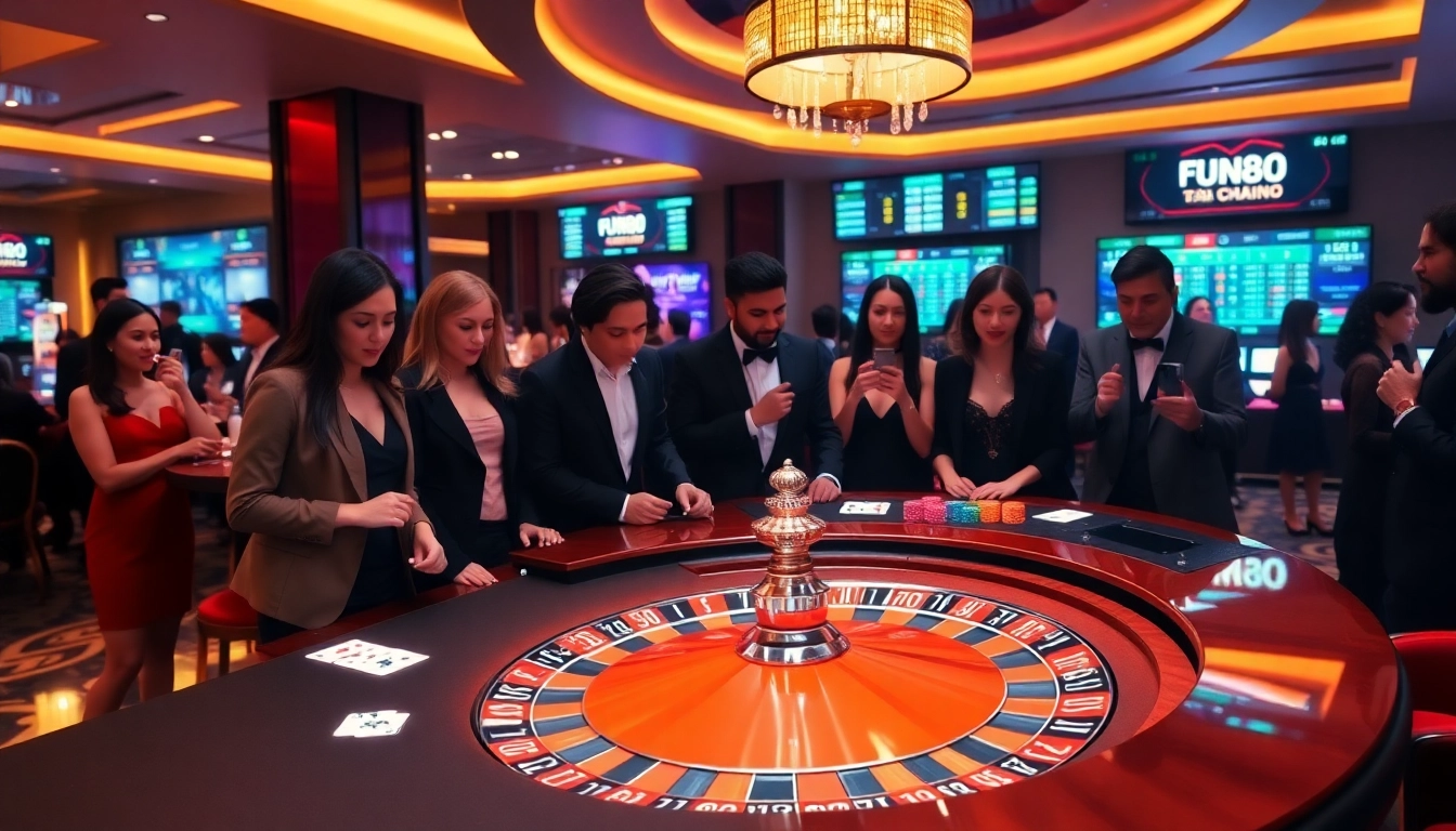 Gamblers enjoying an exciting game at a Fun88 casino table with chips and cards.