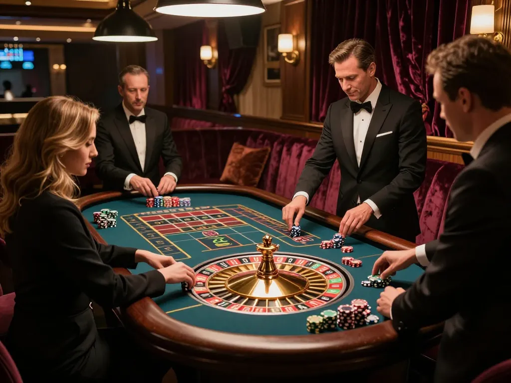 Engaging players at https://tip88.locker/ placing bets at a roulette table in luxurious casino lounge.