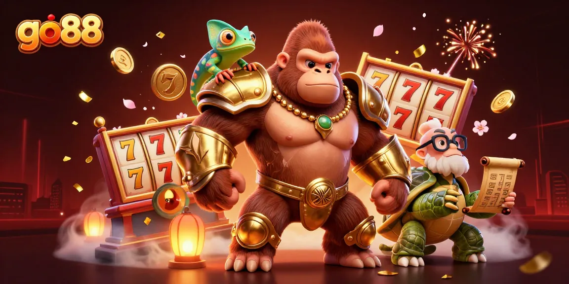 Win big on go88 with dynamic slot reels and colorful 3D characters in an exciting casino scene.