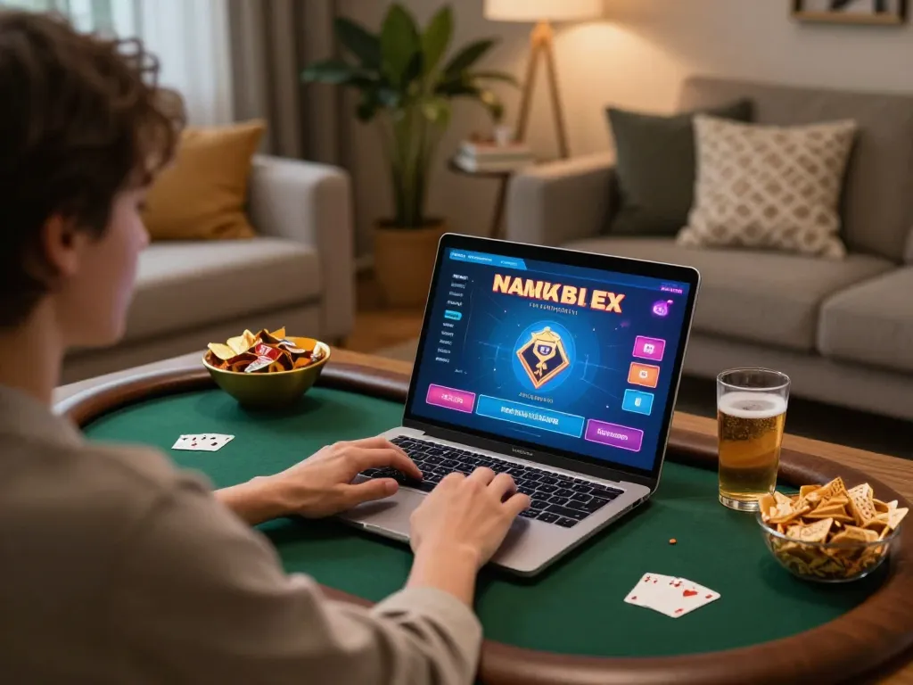 Engaging scene of a player at rik vip enjoying online poker from home, showcasing a colorful interface and cozy environment.