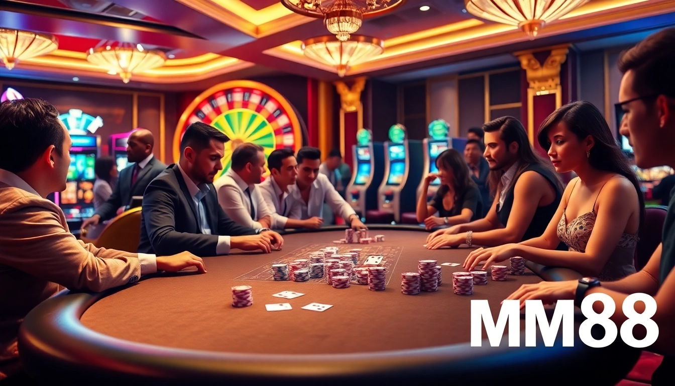 Players enjoying a thrilling card game at MM88 online casino, showcasing poker chips and roulette wheel.
