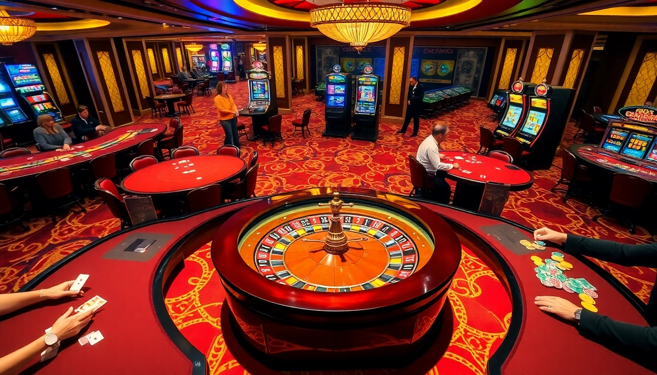 SODO CASINO offers a thrilling experience with players at roulette wheels and tables filled with chips.
