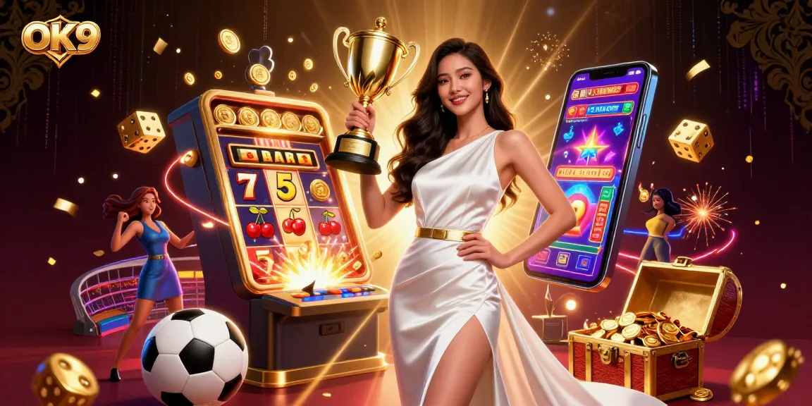 Engage with OK9's exciting gaming world featuring confident Asian woman celebrating with a trophy amidst vibrant casino elements.