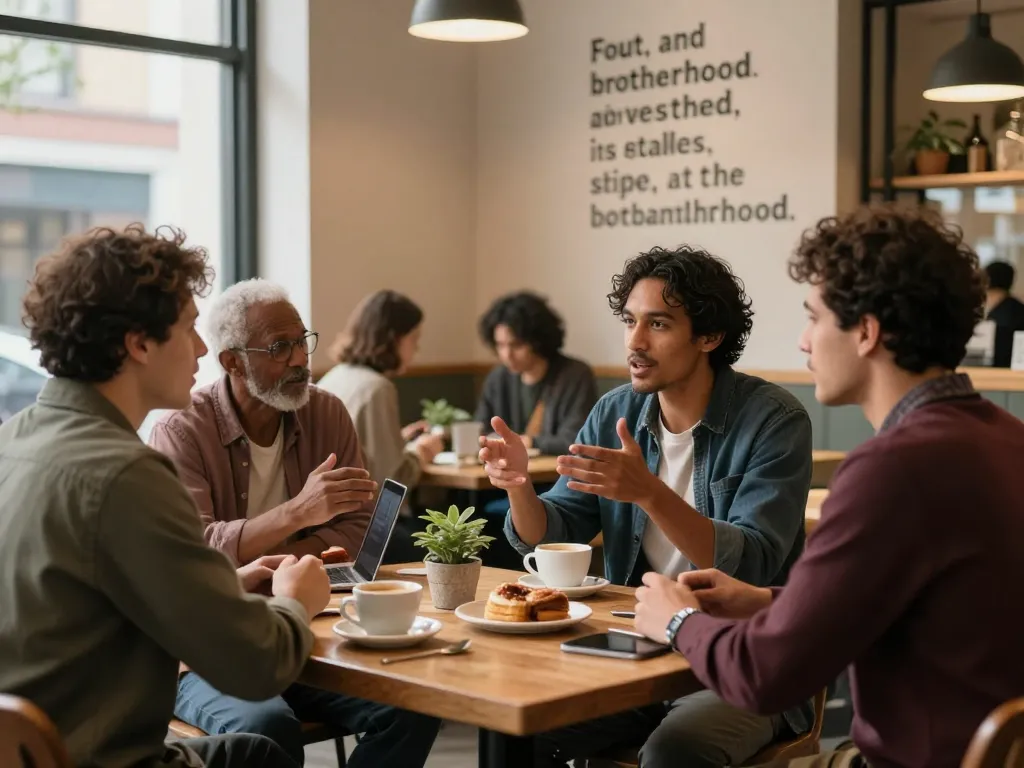 A supportive atmosphere in a coffee shop where men discuss mental health in their manclub.