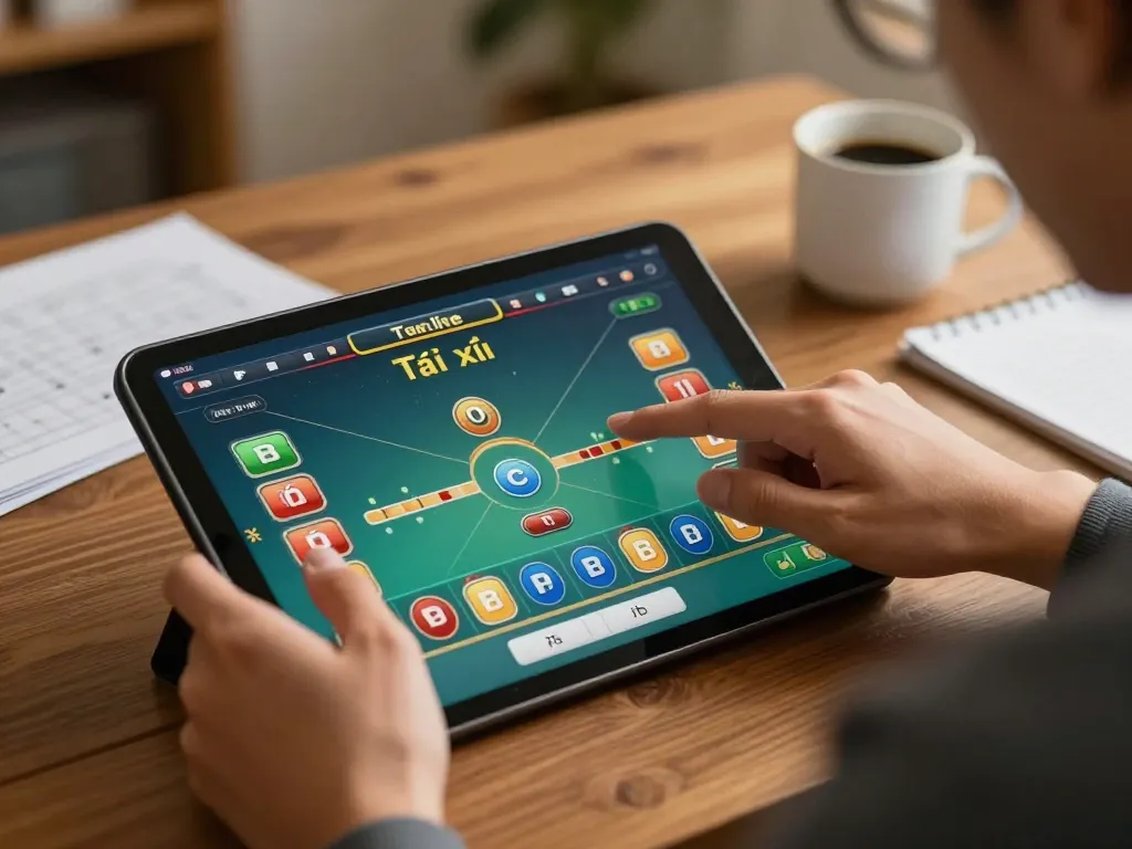 Tài xỉu online gameplay on a tablet, player focused on betting strategies in a cozy home setting