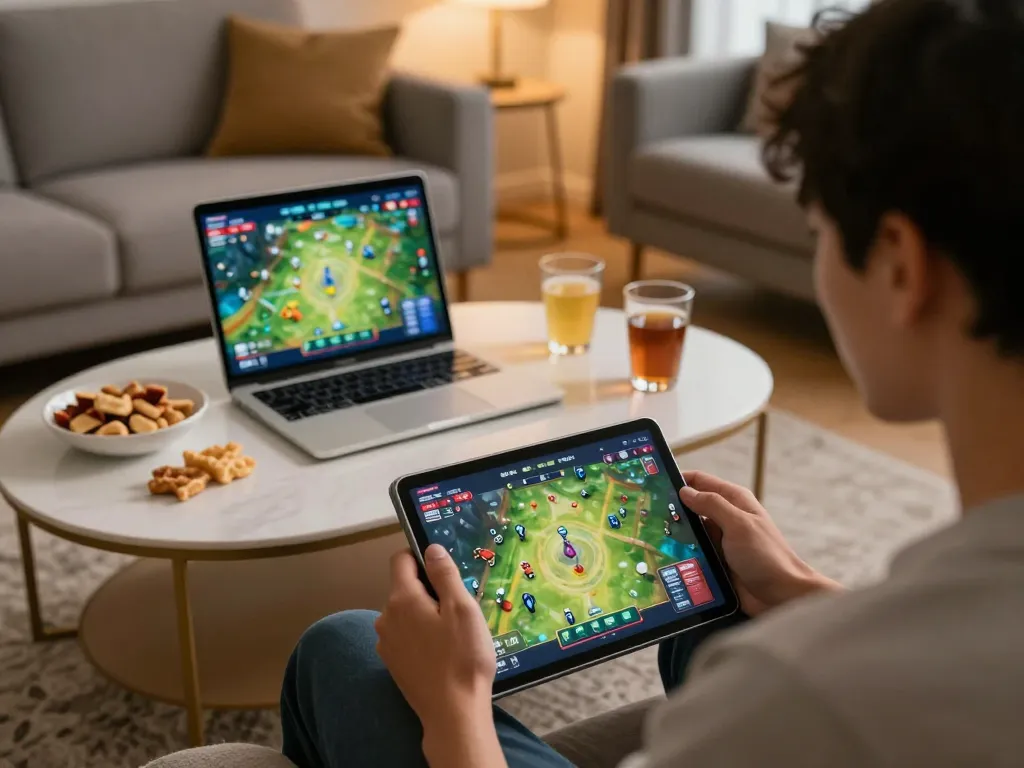 Engaging in a thrilling game bài on a tablet in a cozy home setup, showcasing responsible gaming.