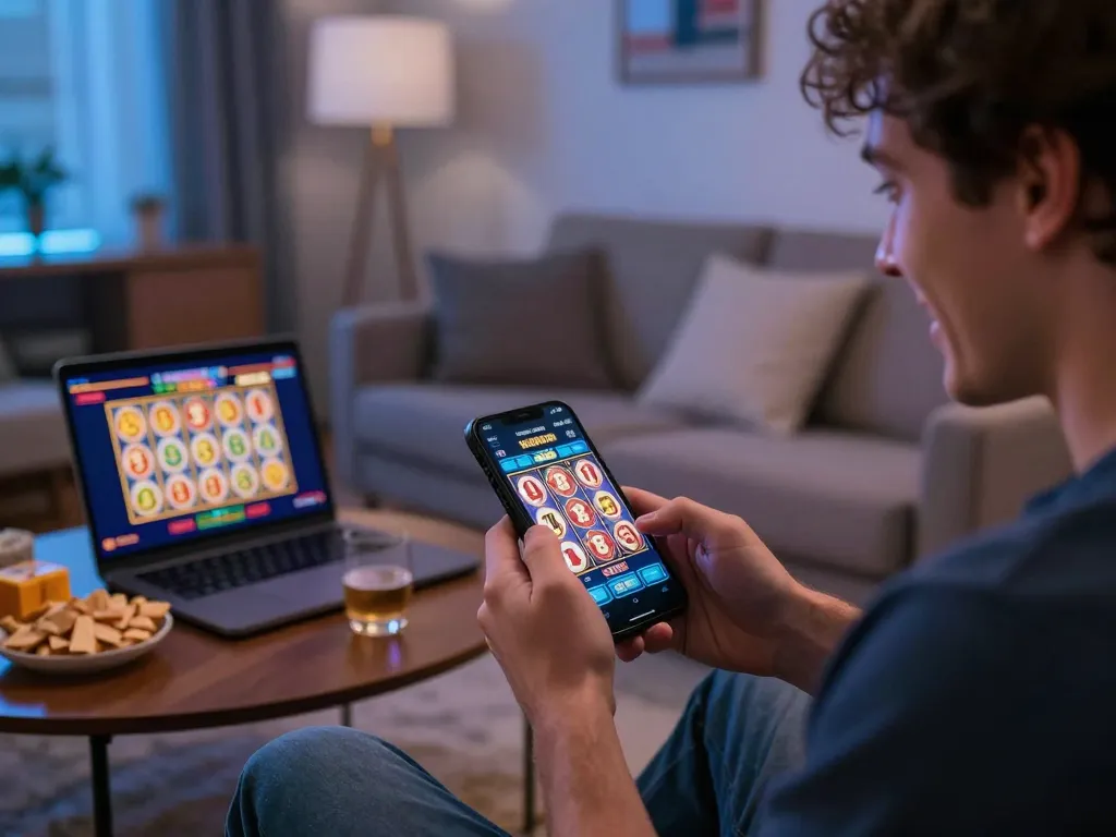 Player enjoying mobile slots on Bong88 app in a cozy home setting, immersed in online gaming.