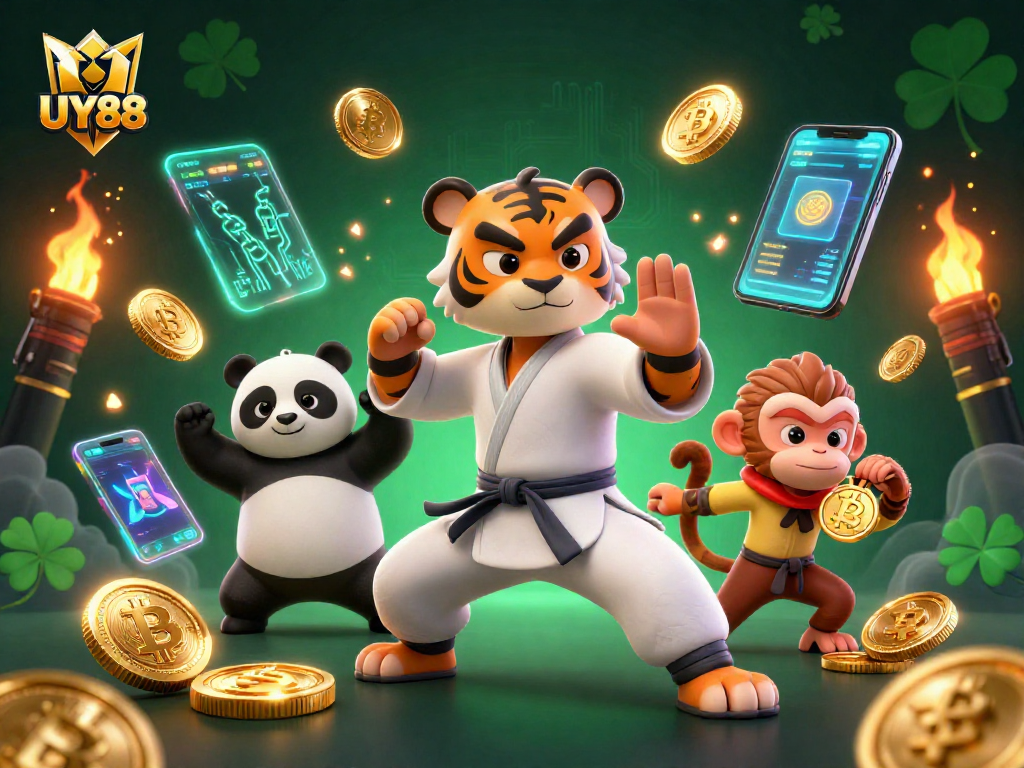 Play exciting games at UY88 with a kung fu tiger master, panda disciple, and playful monkey in a vibrant casino scene.