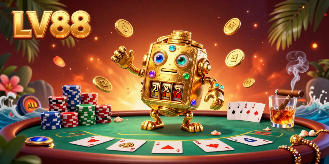 Engage with the LV88 casino experience featuring a golden golem surrounded by vibrant poker elements and rich visuals.