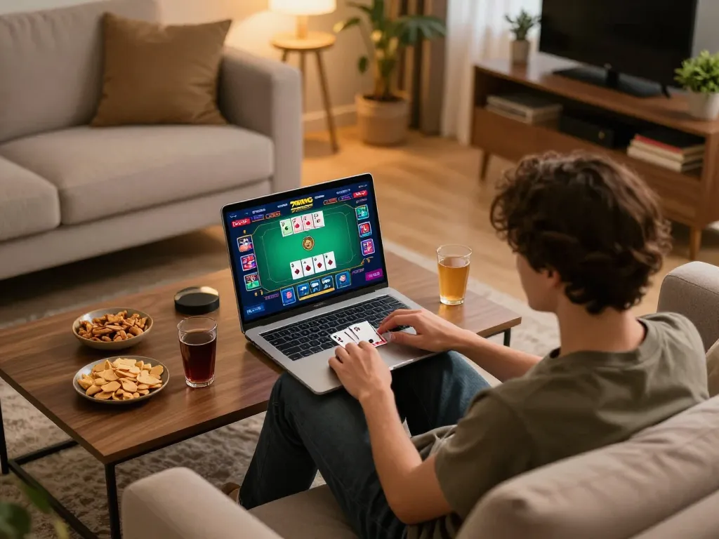 Engaging in an online poker game at home with 79KING, showcasing a cozy modern setup.