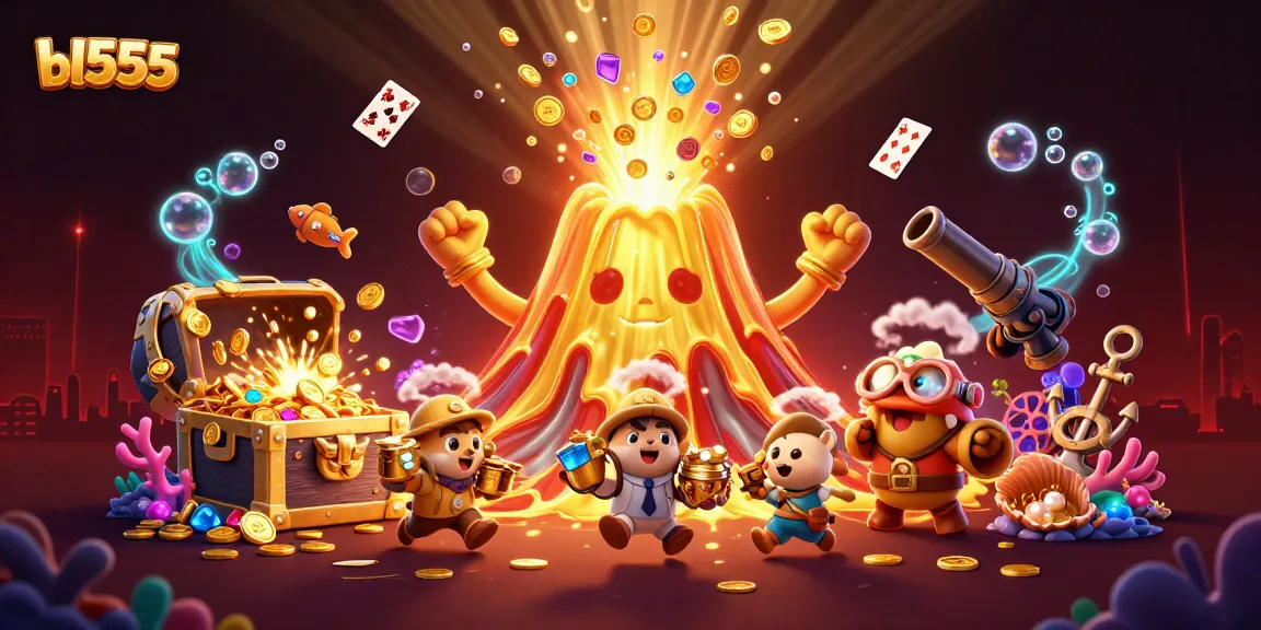 Win big at BL555 with vibrant casino games and treasure erupting from a golden volcano.