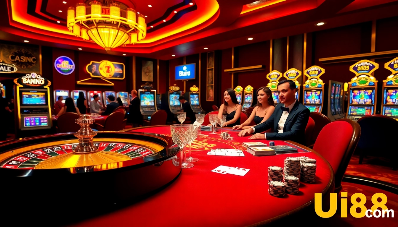 Exciting casino gaming scene at uu88 com with players, roulette, and slot machines.