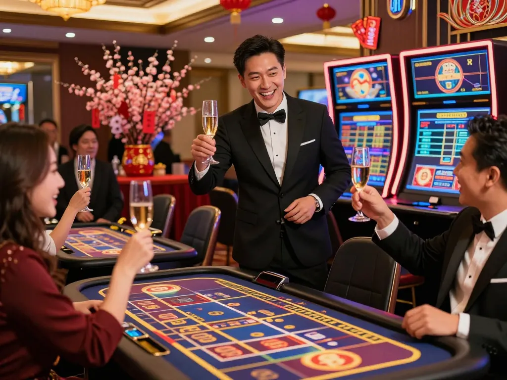 Celebrating Tet with friends at 8kbet luxury casino, vibrant atmosphere and traditional decorations.