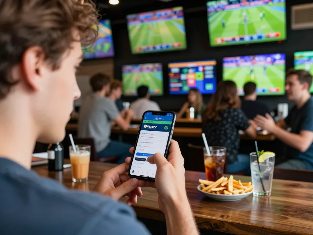 Engaged player using the Bsport app for live sports betting in a lively bar setting.