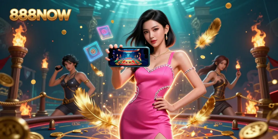 Engage with 888NOW's electrifying live dealer games through a stunning visual of an Asian woman immersed in a vibrant casino atmosphere.