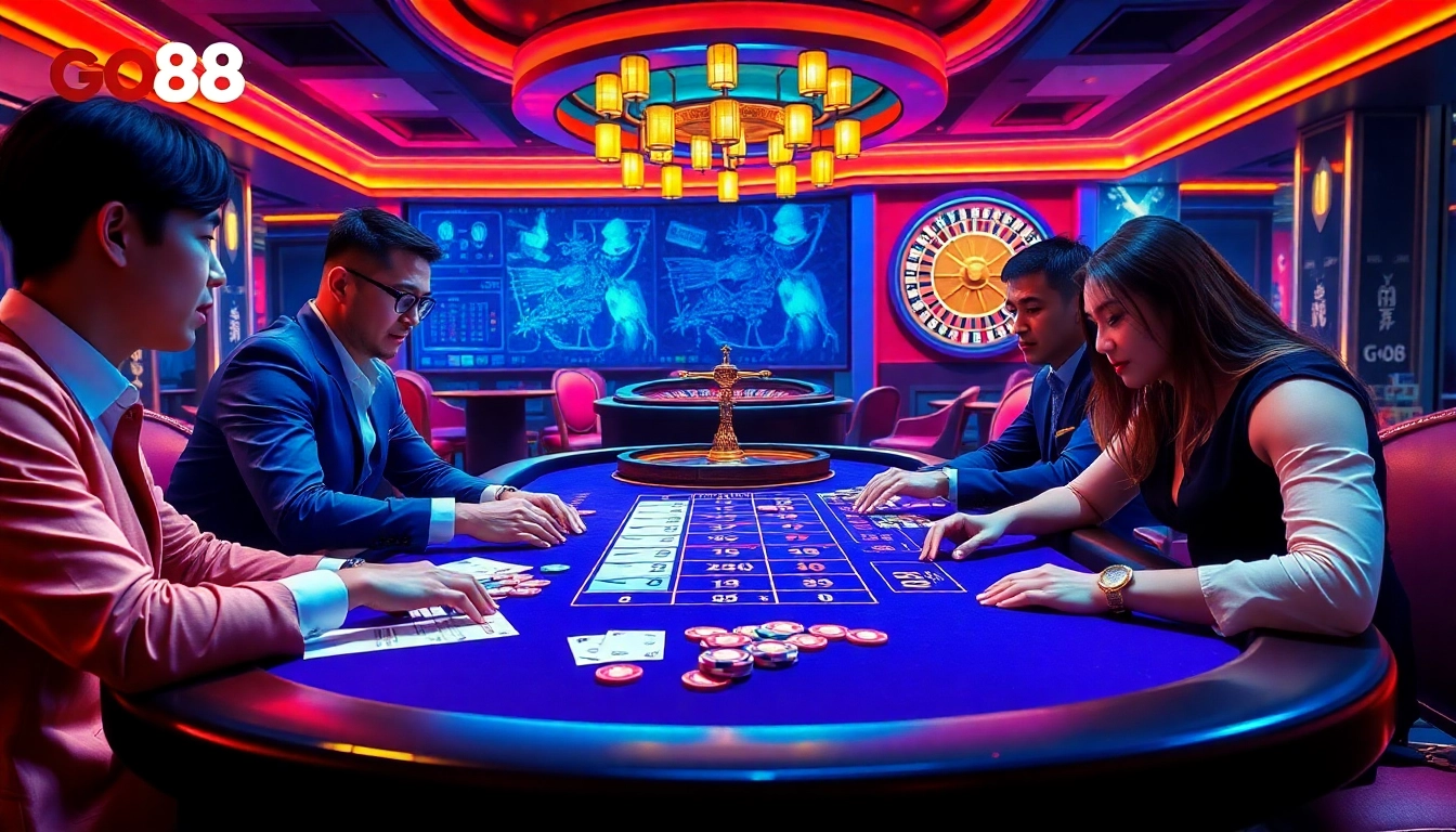 Engage in a thrilling game of go88 tài xỉu at a vibrant casino table, showcasing excitement and luxury.
