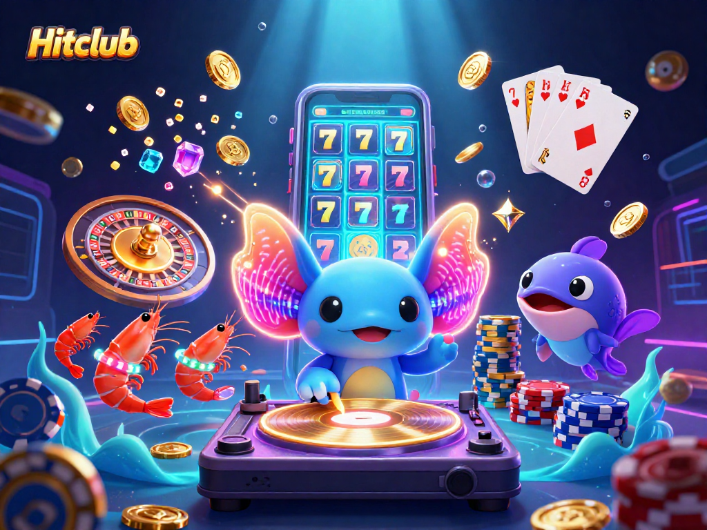 Engaging Hitclub-themed illustration showcasing vibrant underwater casino excitement with DJ axolotl.