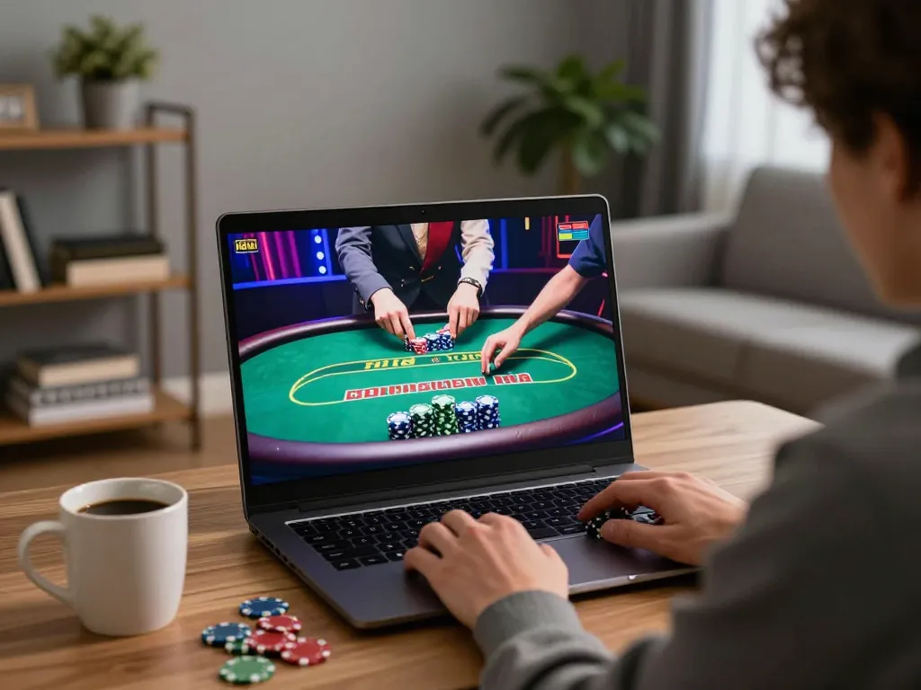 Engaging in fly88 online poker game at home, immersed in strategic gameplay and comfortable environment.