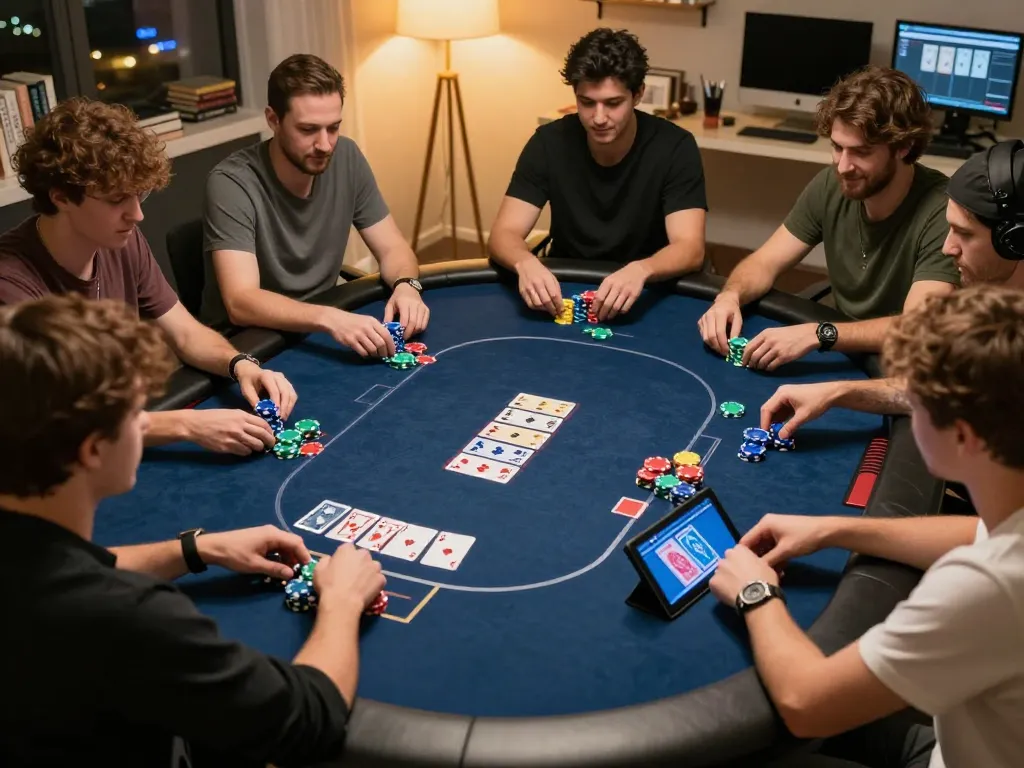 Players strategizing in an online poker game with 79KING, showcasing colorful chips and community cards.