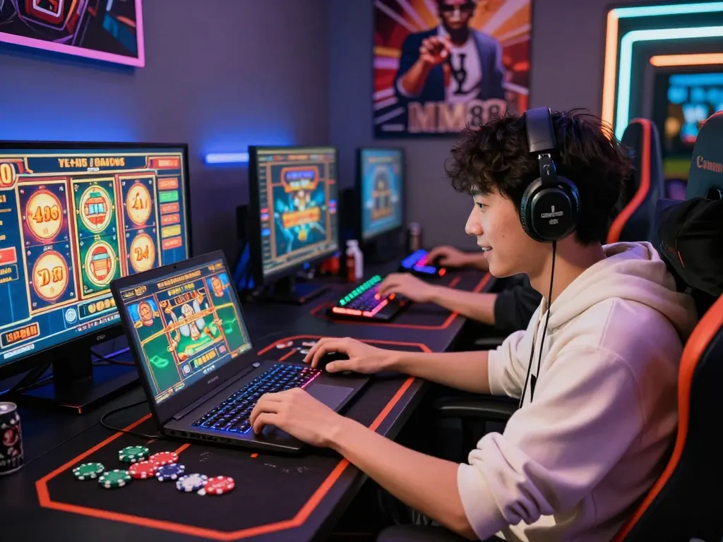 Player enjoying MM88 online gaming experience in a vibrant gaming room with colorful screens and energetic atmosphere.