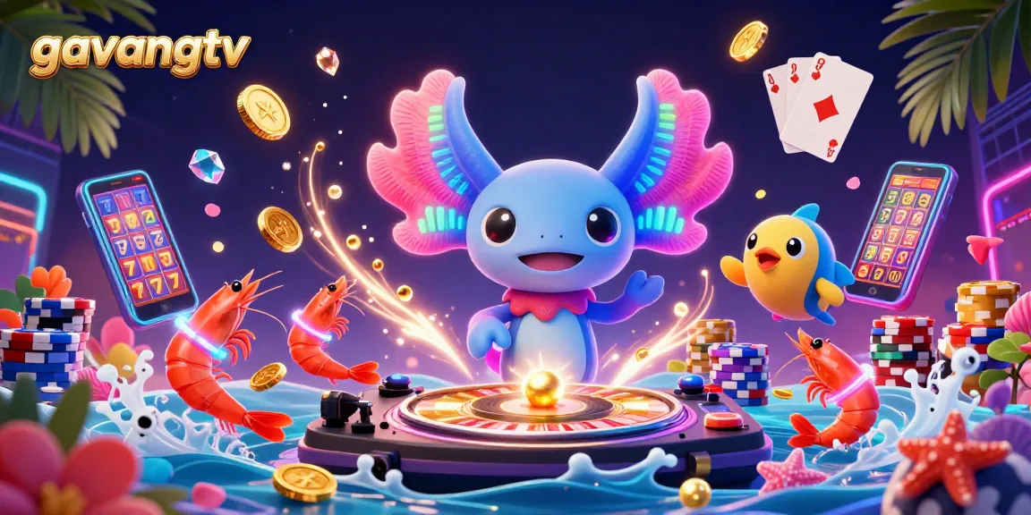 Experience thrilling gaming with gavangtv: a vibrant underwater scene of an axolotl DJ and lively sea creatures amidst cascading coins and colorful chips.