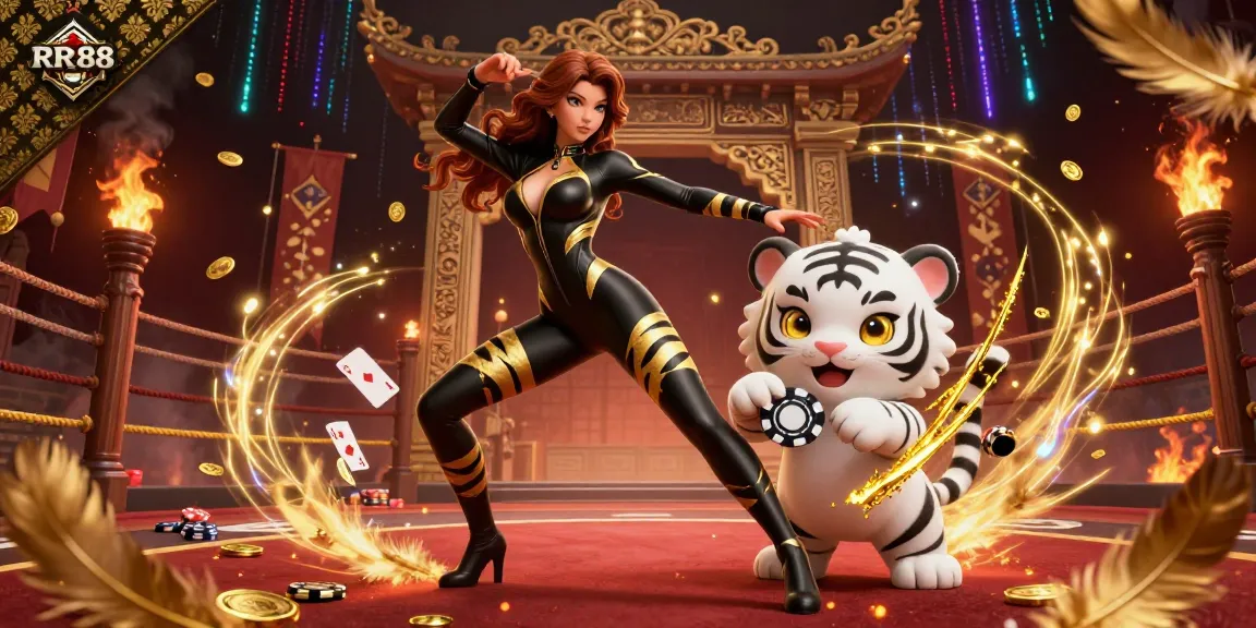 Experience the thrill of RR88 with a dynamic 3D casino scene featuring an acrobatic character and playful tiger.
