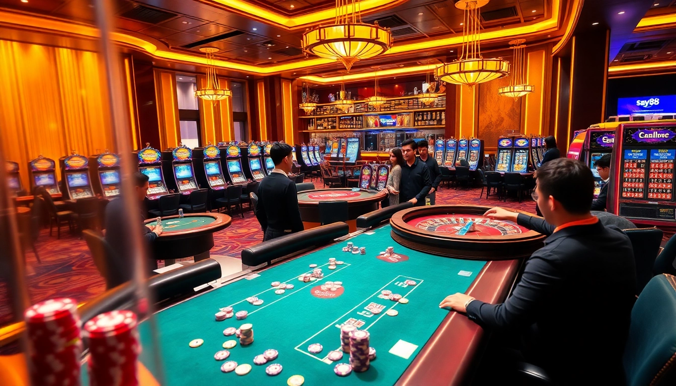 Excited players experiencing high-stakes games at say88 casino, surrounded by vibrant slot machines.