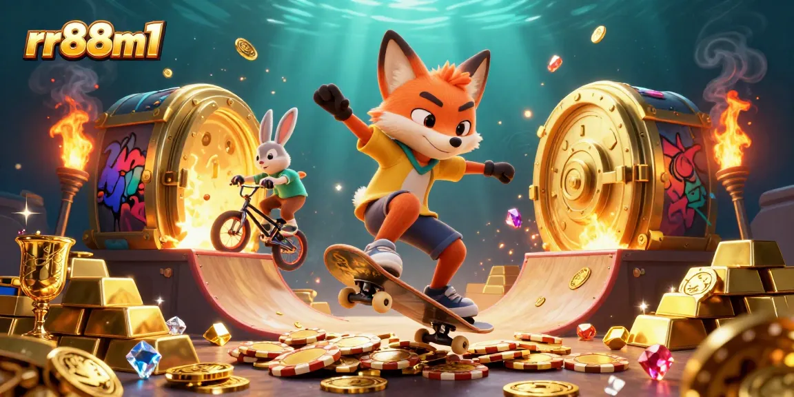 Experience thrilling gameplay at rr88m1 with an energetic fox and rabbit alongside festive casino treasures.